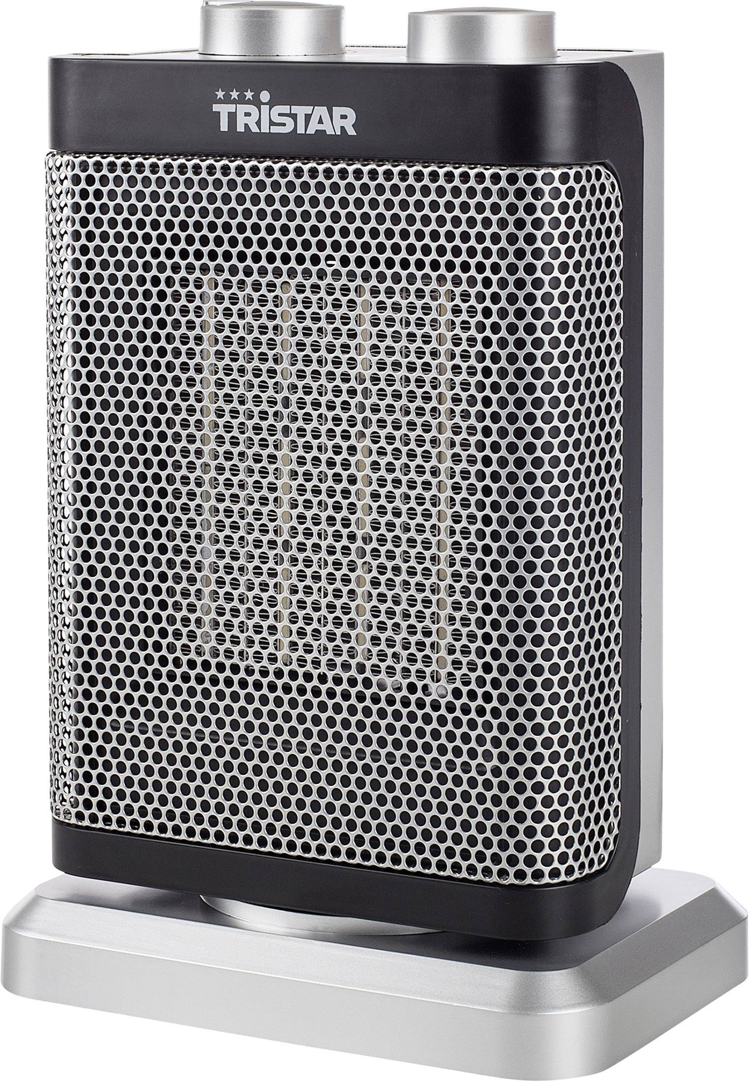 Chaufferette électrique de la marque Tristar avec grille métallique et deux boutons rotatifs en haut, posée sur un socle argenté.