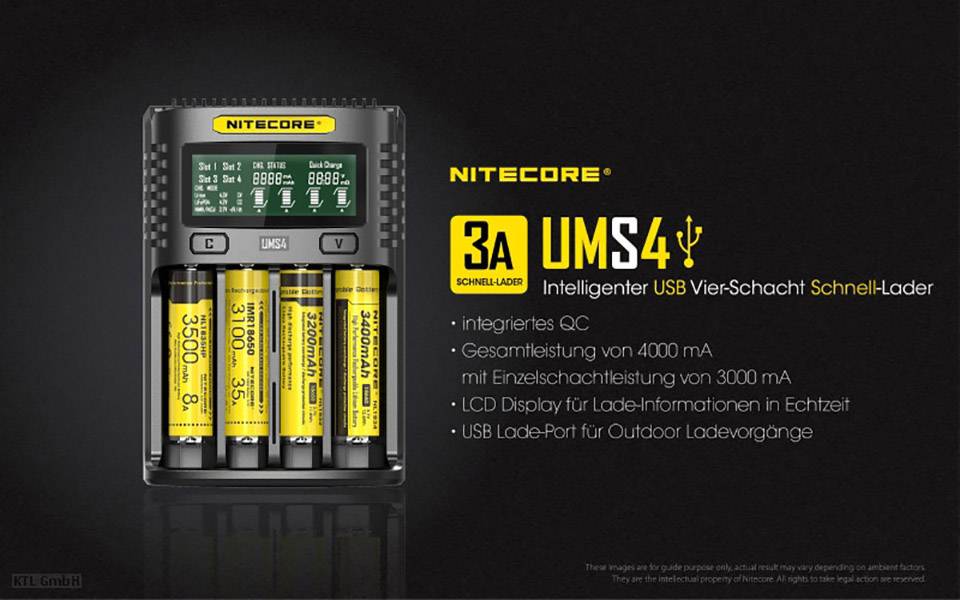 Chargeur USB intelligent Nitecore UMS4 affichant quatre batteries chargées. Étiquette : QC, 4000 mA, 3000 mA de puissance par slot, statut de charge en temps réel.