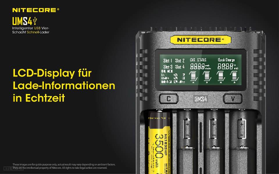 Chargeur Nitecore UMS4 avec port USB, affichant en temps réel les informations de charge pour quatre piles AA sur un écran LCD.
