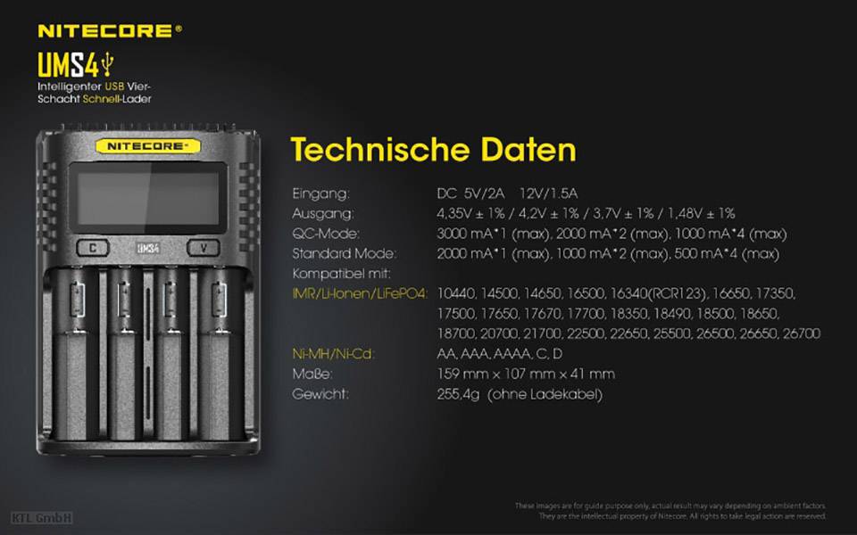 Chargeur avec écran et quatre emplacements de charge. Caractéristiques techniques : tension d'entrée, options de sortie, batteries compatibles, poids : 256,4 g.