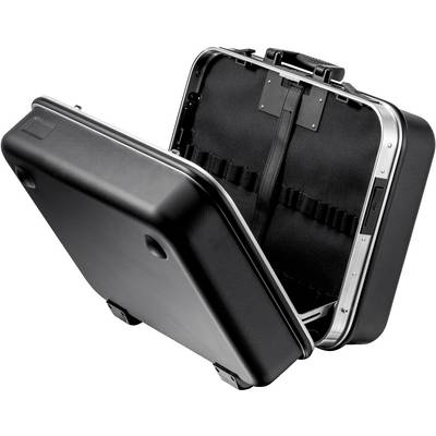 Valise rigide noire, ouverte, avec un boîtier robuste et des sangles intérieures pour sécuriser le contenu, présentée verticalement.
