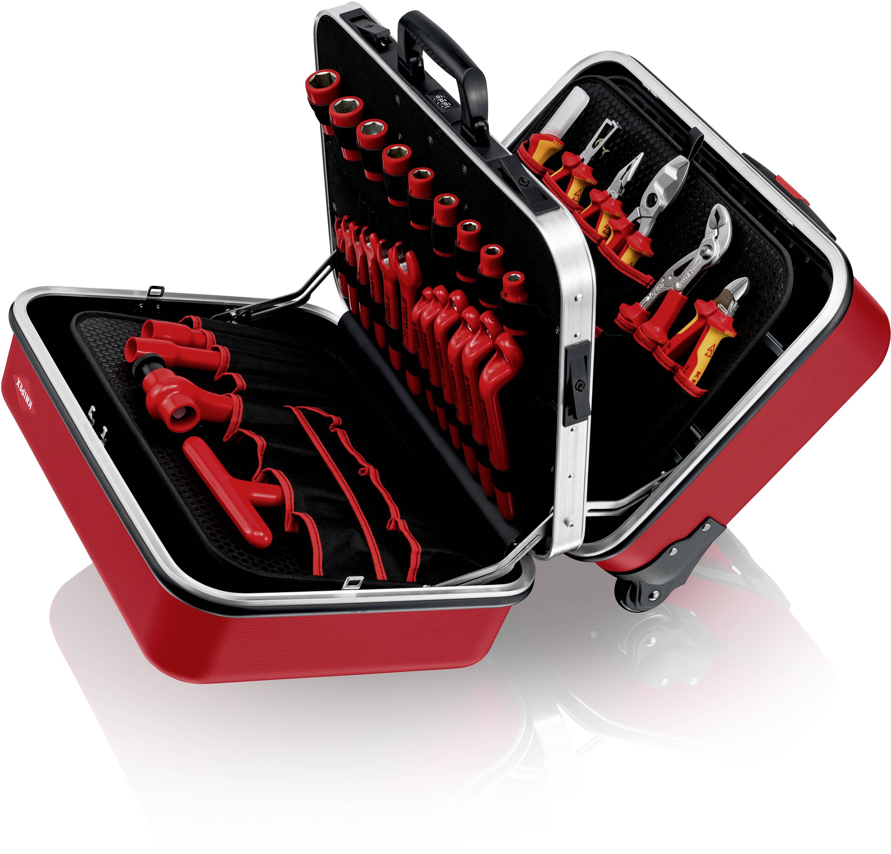 Une boîte à outils rouge à couvercle ouvert présente des outils manuels bien rangés, comprenant des tournevis, des pinces et des clés à douille.