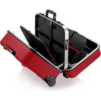 Valise rouge ouverte avec roulettes, montrant ses compartiments intérieurs, adaptée pour les voyages.