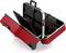 Valise rouge ouverte avec roulettes, montrant ses compartiments intérieurs, adaptée pour les voyages.
