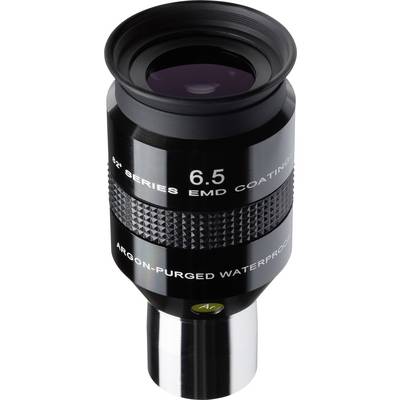 Oculaire de télescope noir avec grossissement 6,5x, revêtement EMD et étanche. Inscription : 'PURGÉ À L'ARGON ÉTANCHE À L'EAU'.
