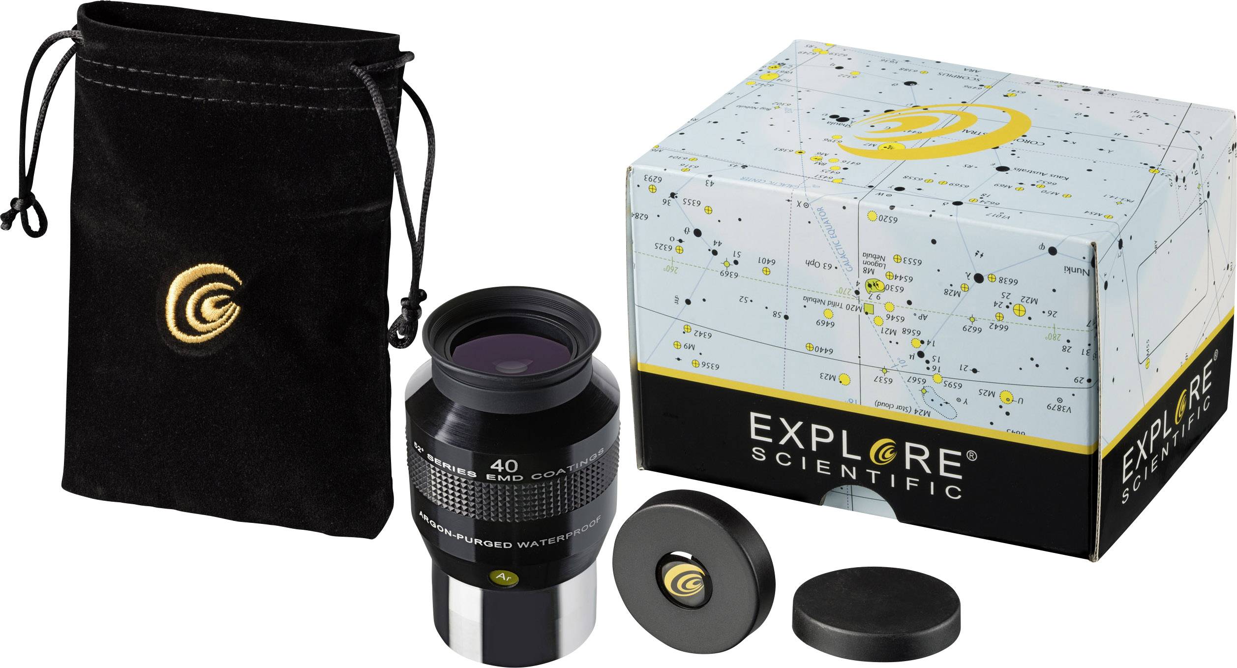 Oculaire Explore Scientific de 40 mm de focale, représenté à côté d'un étui de protection, d'un emballage avec une carte stellaire et de capuchons de protection.