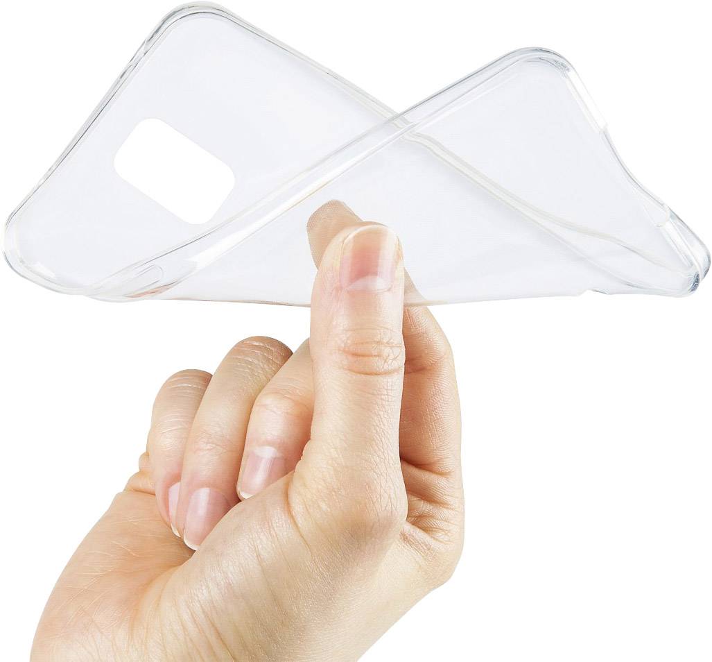 Une main tient une coque de téléphone transparente et flexible.