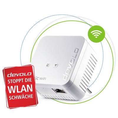 Amplificateur Wi-Fi, étiqueté 'ARRÊTEZ LA FAIBLESSE DU WI-FI', affichant un symbole de réseau sans fil. Produit de devolo.