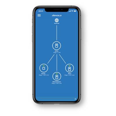 Un écran de smartphone affiche un diagramme réseau montrant quatre appareils connectés via un point internet central : Cave, Cuisine, Salon et Bureau.