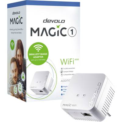 Emballage d'un adaptateur 'devolo Magic 1 WiFi mini'. Présente une image de l'appareil, ses spécifications et avantages tels que 'jusqu'à 1200 Mbit/s'.