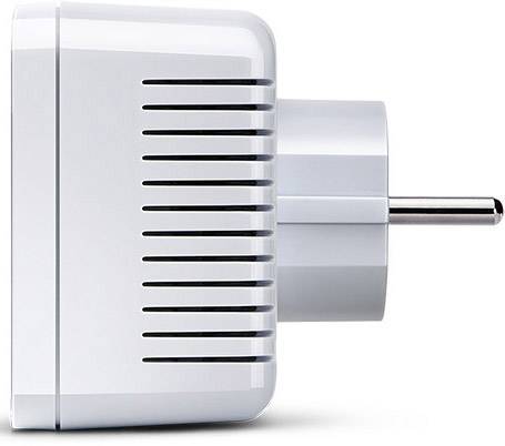Un adaptateur de prise blanc avec des fentes de ventilation et une fiche européenne. Vue de côté sur un fond blanc.