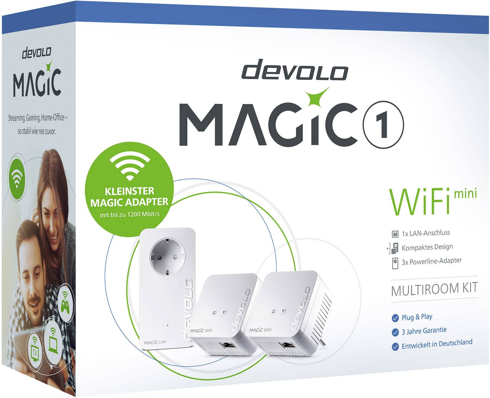 Kit Multiroom Devolo Magic 1 WiFi mini, emballage illustrant trois adaptateurs, adaptés aux besoins de réseau domestique.