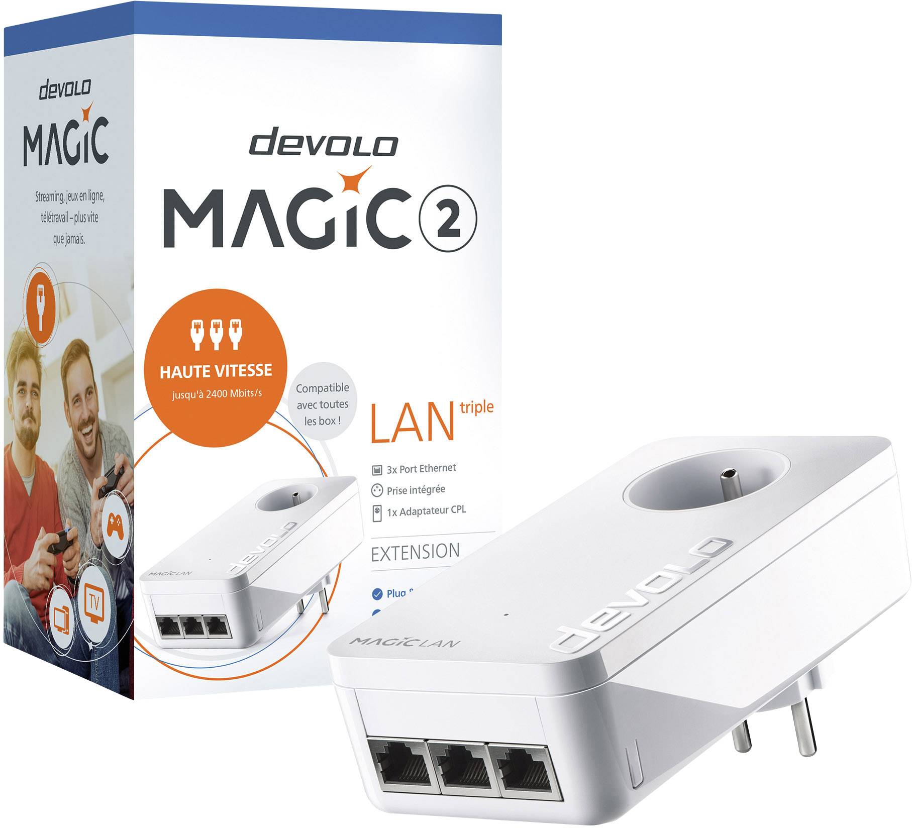 Adaptateur réseau Devolo Magic 2 LAN avec emballage. Met en avant sa haute vitesse et sa compatibilité. Présente trois connexions LAN.