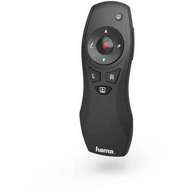 Une télécommande de présentation noire avec des touches fléchées, un pointeur laser et des touches 'L' et 'R'. Nom de marque en bas : « hama ».