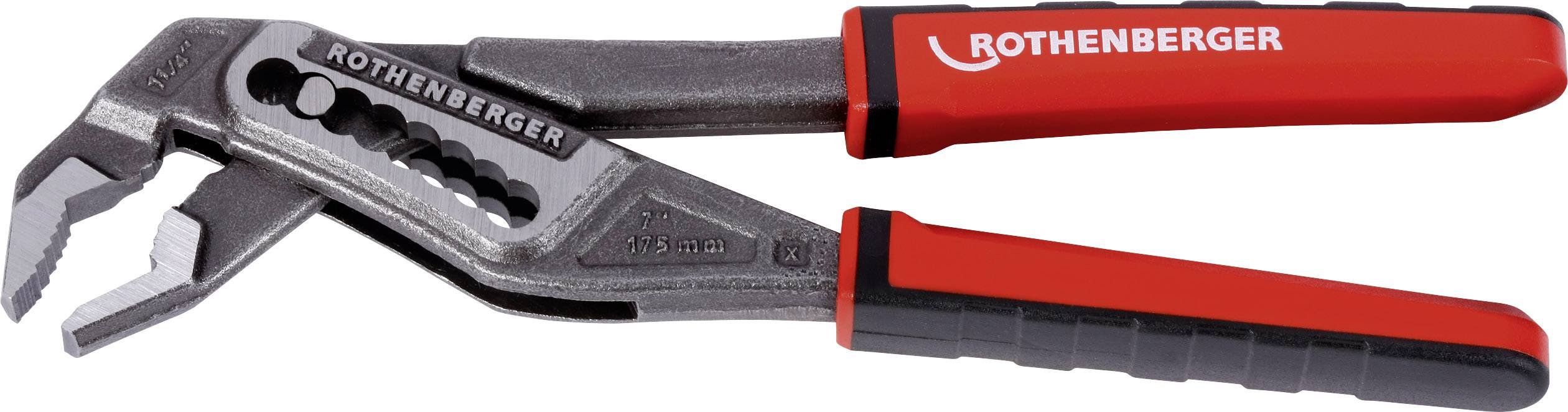 Pince à tuyau rouge portant l'inscription 'ROTHENBERGER', adaptée aux travaux de plomberie et à la saisie de tuyaux de différents diamètres.