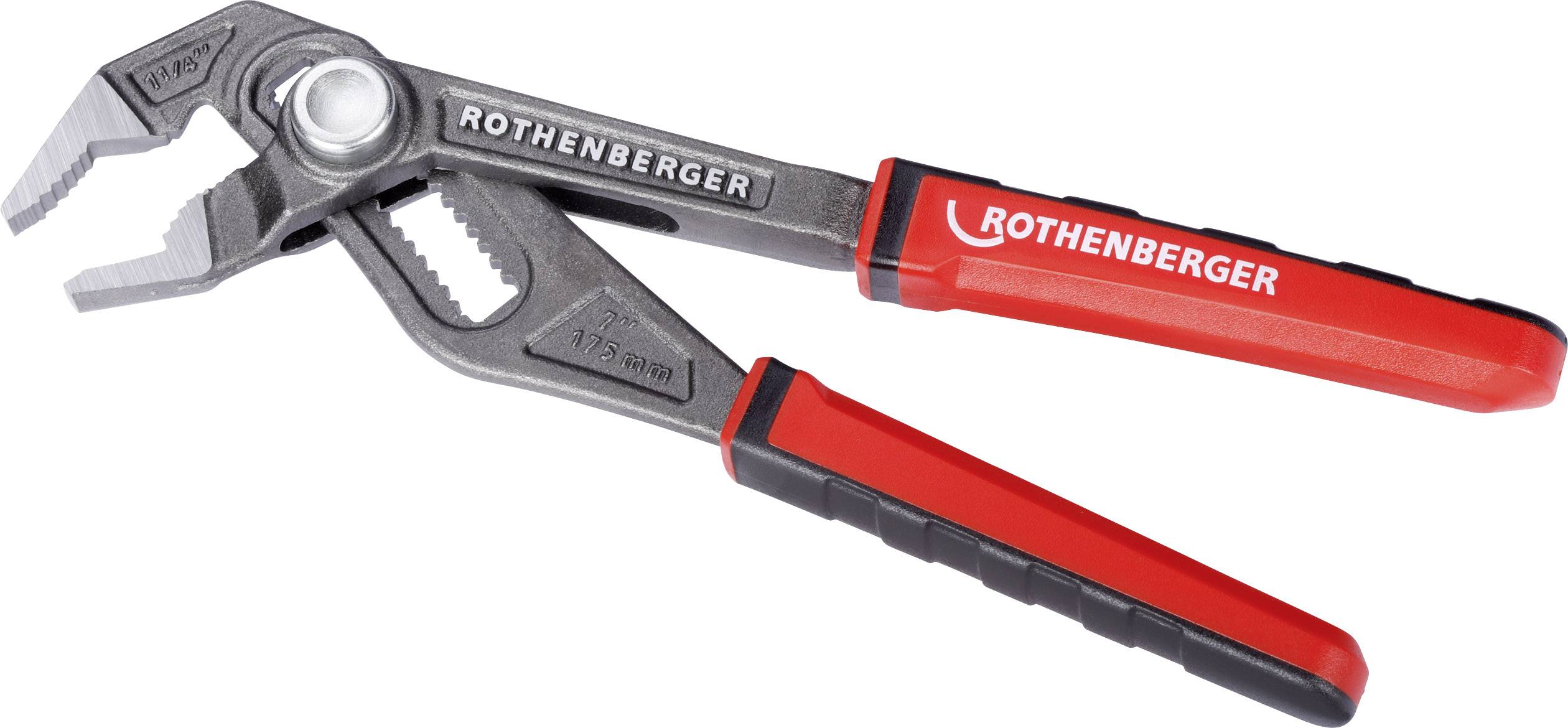Une pince multiprise rouge et noire de la marque Rothenberger, avec une poignée réglable et des mâchoires crantées pour différentes tailles.