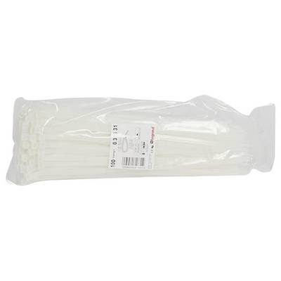Sachet en plastique contenant 100 colliers de câblage blancs, longueur 31 cm.