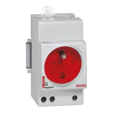 Un adaptateur de prise industrielle rouge de Legrand, conçu pour 16 ampères et 250 volts, dans un boîtier gris.