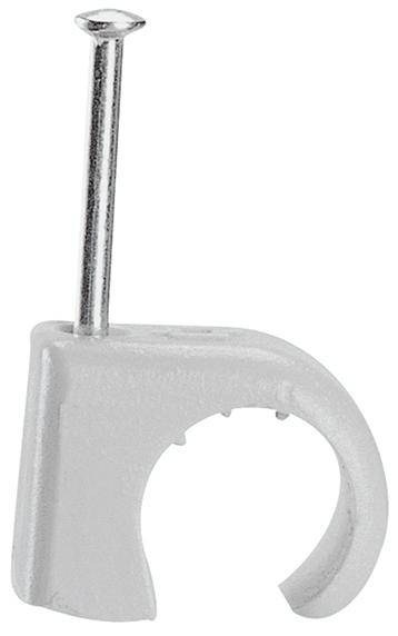 Attache-câble blanche en plastique, avec clou intégré pour fixer les câbles aux murs ou aux sols.