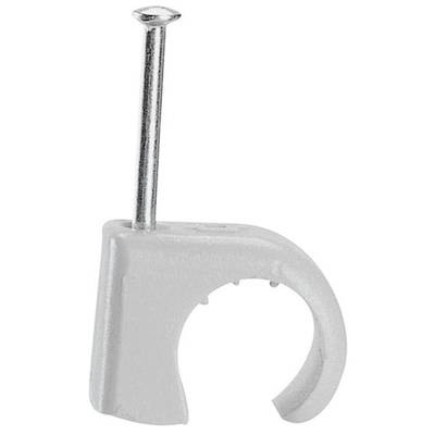 Attache-câble blanche en plastique, avec clou intégré pour fixer les câbles aux murs ou aux sols.