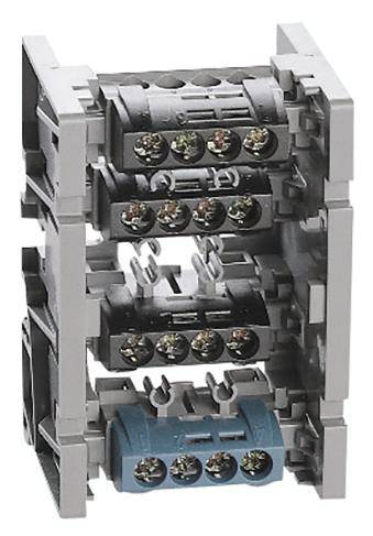 Un bloc de bornes électriques multicouches avec connexions à vis, logé dans un boîtier gris et bleu.