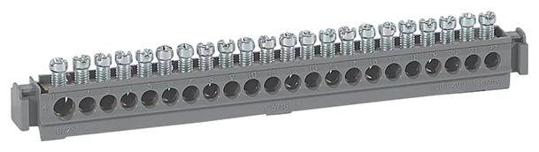 Barrette de connexion grise avec plusieurs bornes à vis, adaptée pour le raccordement de câbles dans les boîtes électriques de commutation.