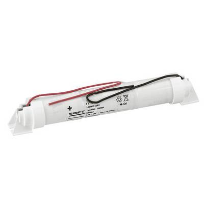 Batterie cylindrique blanche avec des câbles rouges et noirs, accompagnée de spécifications techniques et de symboles de sécurité et d'élimination.