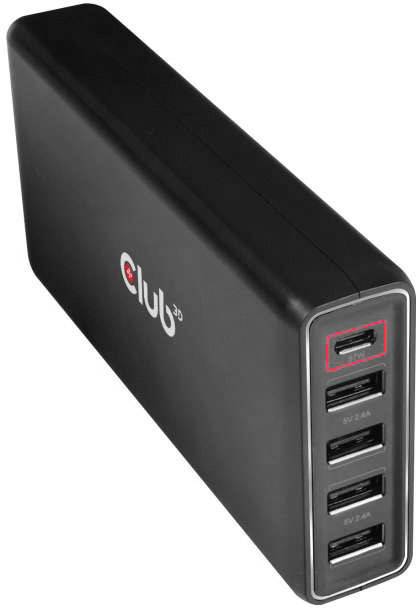 Chargeur USB noir avec cinq ports USB-A sur la face avant, adapté pour charger simultanément plusieurs appareils.