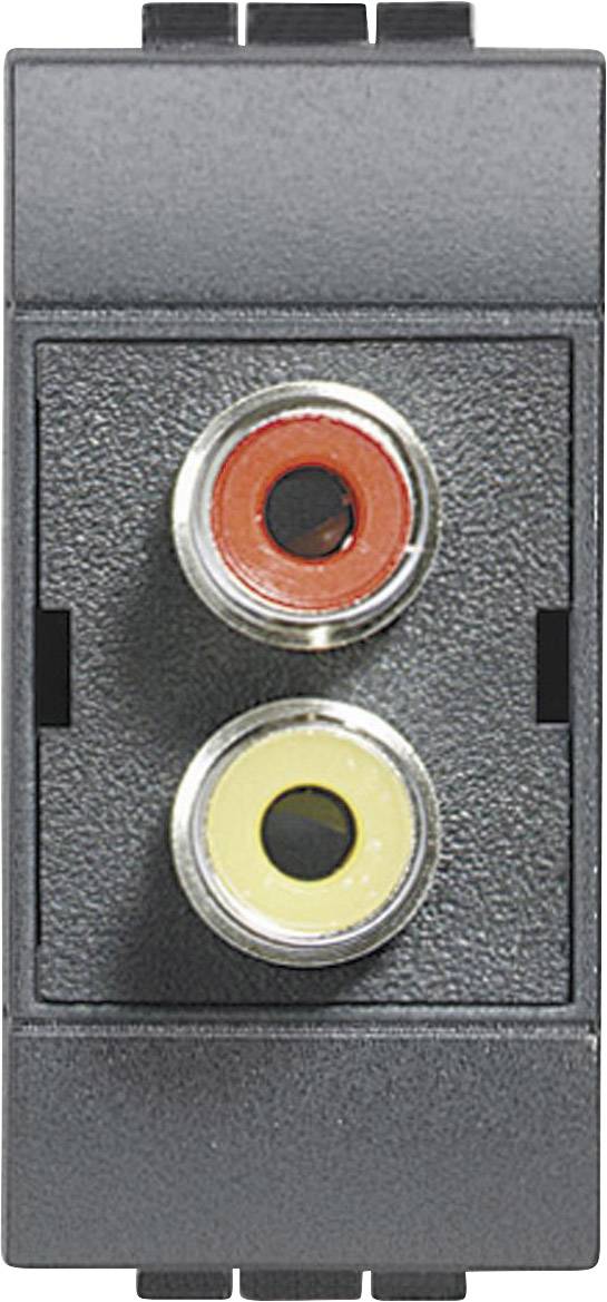 Deux connecteurs RCA sur une plaque murale noire : rouge en haut, jaune en bas. Ces connexions sont fréquemment utilisées pour les branchements audio et vidéo.