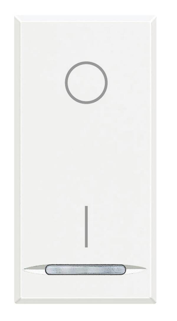Un interrupteur blanc avec un cercle en haut et une ligne horizontale au milieu en bas. Design minimaliste.