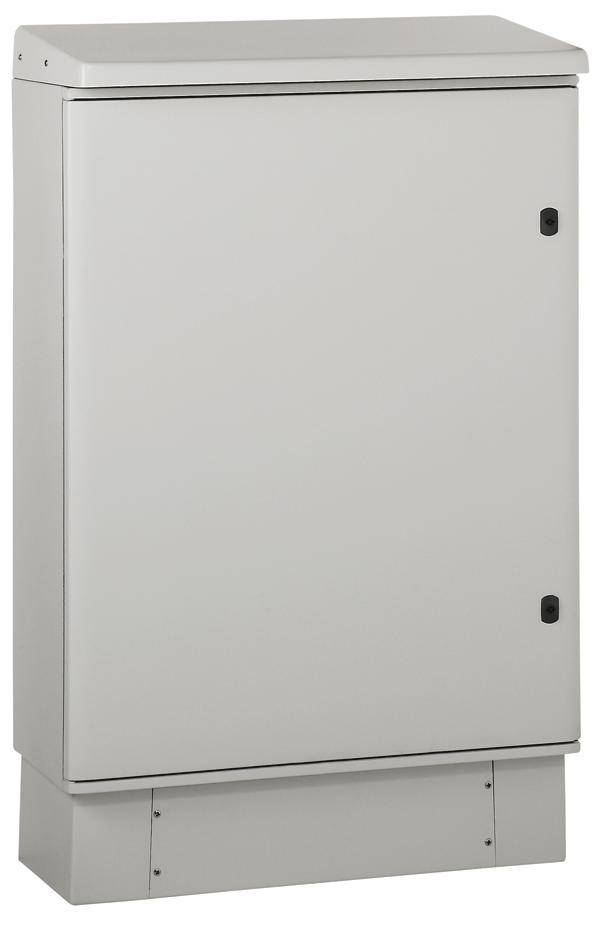 Un boîtier de distribution gris, rectangulaire, à surface lisse, pourvu de deux charnières visibles sur le côté droit.