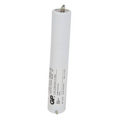 Batterie cylindrique blanche avec des capuchons métalliques en haut et en bas. L'inscription contient les spécifications : « Nickel-Cadmium Rechargeable ».