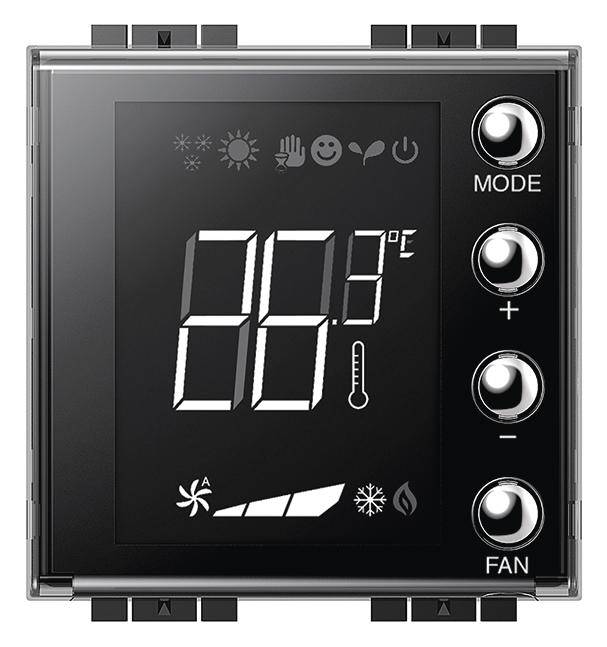 Thermostat numérique noir avec grand affichage indiquant la température en degrés Celsius. Des symboles en haut représentent différents modes et fonctions.