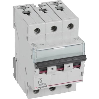 Un disjoncteur tripolaire de protection avec marquage 'TX3 B8 Legrand', adapté à la protection des circuits électriques.