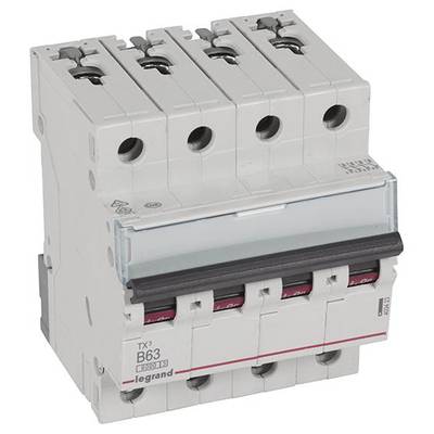 Un disjoncteur tétrapolaire de type B63. Utilisé pour protéger les circuits électriques contre les surintensités.