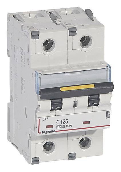 'Disjoncteur Legrand C125, bipolaire, 16kA, série DX3, pour la sécurité électrique des installations.'