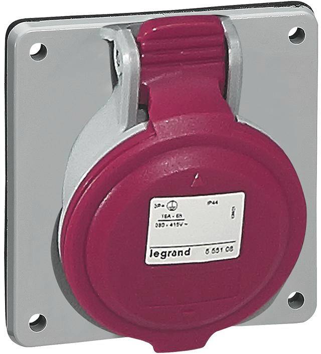 Prise industrielle rouge fixée sur une plaque métallique, adaptée pour 380-415V, avec un couvercle de sécurité et plusieurs points de fixation par vis.