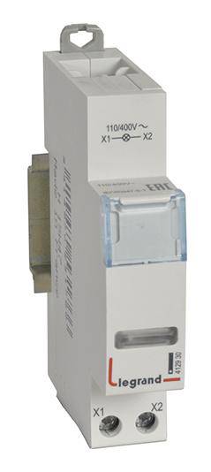 Un interrupteur électrique unipolaire de Legrand avec 110/400V. Il possède deux bornes à vis en bas, marquées 'X1' et 'X2'.