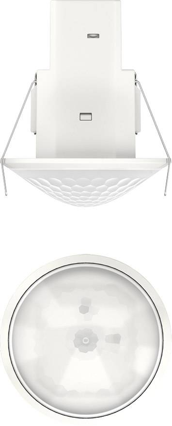 Détecteur de mouvement blanc, montré de dessus et de face, avec une zone de détection circulaire.
