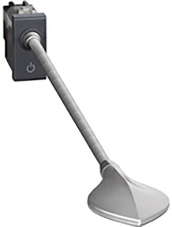 Microphone à col flexible, fixé sur un socle noir, avec une touche de commande. Adapté pour les conférences ou les présentations.