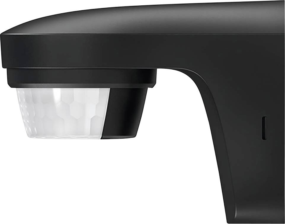 Détecteur de mouvement noir avec boîtier rectangulaire et lentille semi-circulaire. Adapté à la détection de mouvements pour la commande d'éclairage.