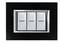 Trois interrupteurs blancs avec des repères bleus, encadrés par un cache rectangulaire noir.