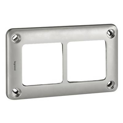 Cadre métallique avec deux découpes rectangulaires pour la fixation d'interrupteurs ou de prises électriques, muni de quatre vis apparentes.