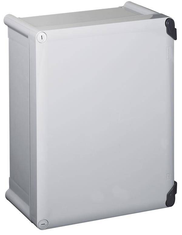 Boîtier électronique gris rectangulaire aux angles arrondis. Il présente une surface lisse et est conçu pour protéger les composants.