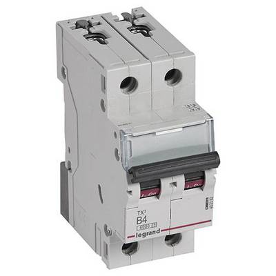 Un disjoncteur bipolaire gris avec un levier rouge et l'inscription 'legrand TX3 B4', utilisé dans les installations électriques.