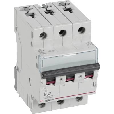 Un disjoncteur tripolaire avec l'inscription 'B32', de marque 'Legrand', adapté pour une utilisation dans les tableaux électriques de distribution.