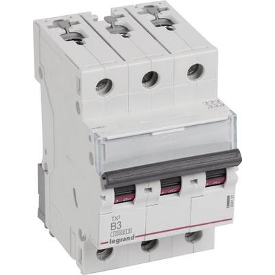 Disjoncteur tripolaire Legrand, modèle TX3 B3, destiné à protéger les circuits électriques contre les surcharges et les courts-circuits.