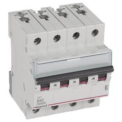 Un disjoncteur tétrapolaire Legrand, modèle B40, pour la protection électrique dans les armoires de distribution.
