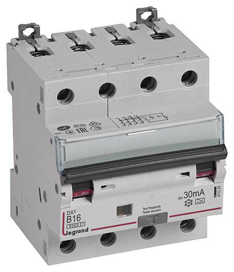 'Disjoncteur différentiel tripolaire B16 avec fonction de protection différentielle, 30mA, Modèle : DX3, Fabricant : Legrand, monté sur rail.'