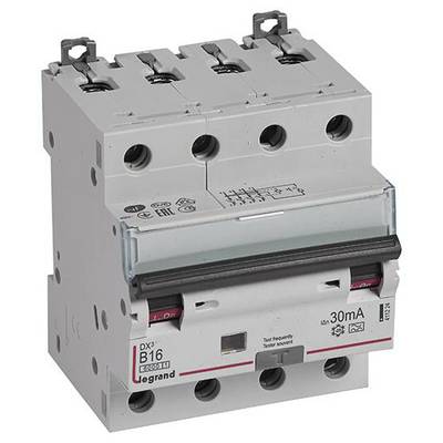 'Disjoncteur différentiel tripolaire B16 avec fonction de protection différentielle, 30mA, Modèle : DX3, Fabricant : Legrand, monté sur rail.'